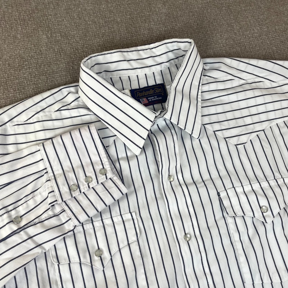 VTG Panhandle Slim Dress Shirt Men 19-36 White Striped Cotton Pearl Snap Western